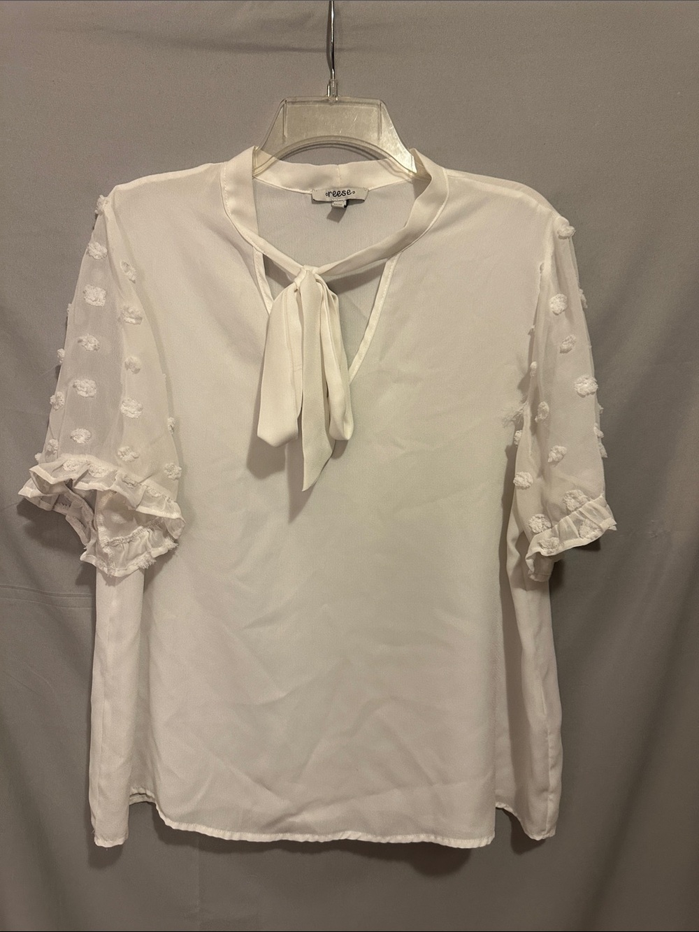 Tie-Neck Ivory Blouse with Dotted Sheer Sleeves